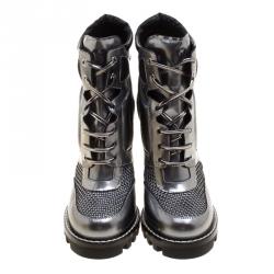 مملوكة مسبقًا Louis Vuitton Metallic Grey Leather and Mesh Digital Gate Platform Ankle Boots Size 39