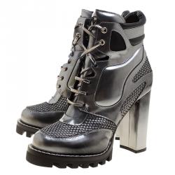 مملوكة مسبقًا Louis Vuitton Metallic Grey Leather and Mesh Digital Gate Platform Ankle Boots Size 39