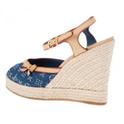 Pre Owned Louis Vuitton Denim Monogram Espadrilles Wedge Sandals Size 39.5