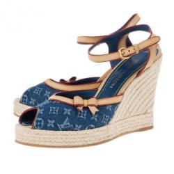 Pre Owned Louis Vuitton Denim Monogram Espadrilles Wedge Sandals Size 39.5