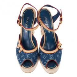 Pre Owned Louis Vuitton Denim Monogram Espadrilles Wedge Sandals Size 39.5