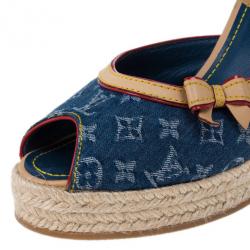 Pre Owned Louis Vuitton Denim Monogram Espadrilles Wedge Sandals Size 39.5
