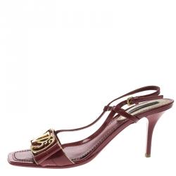Pre Owned Louis Vuitton Red Patent Leather Logo Embellished Slingback Sandals Size 36.5