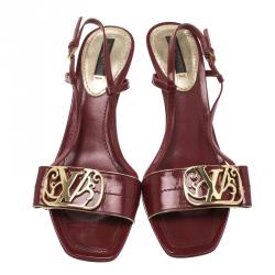 Pre Owned Louis Vuitton Red Patent Leather Logo Embellished Slingback Sandals Size 36.5