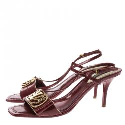 Pre Owned Louis Vuitton Red Patent Leather Logo Embellished Slingback Sandals Size 36.5