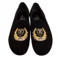 مملوكة مسبقًا Louis Vuitton Black Embroidered Suede Smoking Slippers Size 38.5