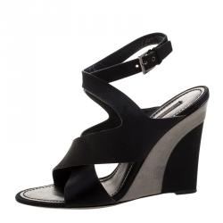 Pre Owned صندل لوي فيتون ساتان أسود بسيور متعاكسة مقدمة مفتوحة كعب روكي مقاس 39