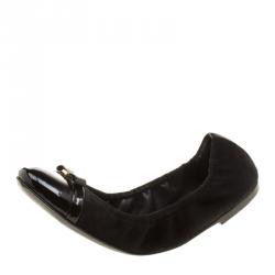 Pre Owned Louis Vuitton Black Suede and Patent Leather Elba Ballet Flats Size 37