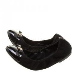 Pre Owned Louis Vuitton Black Suede and Patent Leather Elba Ballet Flats Size 37