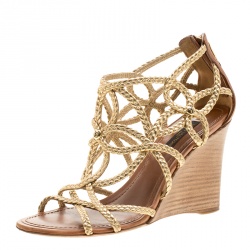 Pre Owned Louis Vuitton Metallic Gold Braided Leather Wedge Sandals Size 37