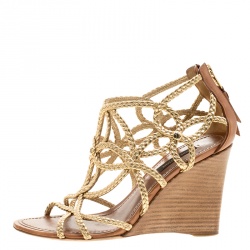 Pre Owned Louis Vuitton Metallic Gold Braided Leather Wedge Sandals Size 37