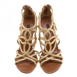 Pre Owned Louis Vuitton Metallic Gold Braided Leather Wedge Sandals Size 37