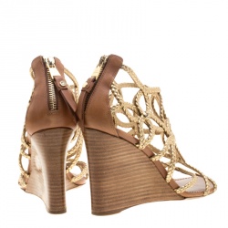 Pre Owned Louis Vuitton Metallic Gold Braided Leather Wedge Sandals Size 37