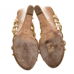 Pre Owned Louis Vuitton Metallic Gold Braided Leather Wedge Sandals Size 37