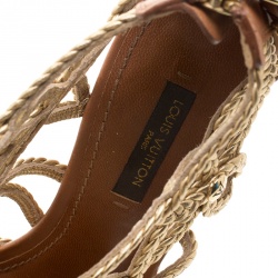 Pre Owned Louis Vuitton Metallic Gold Braided Leather Wedge Sandals Size 37