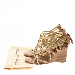 Pre Owned Louis Vuitton Metallic Gold Braided Leather Wedge Sandals Size 37