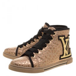 Louis Vuitton Gold Embossed Leather Punchy High Top Sneakers Size 37