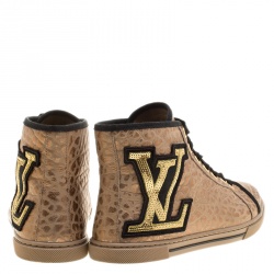 Louis Vuitton Gold Embossed Leather Punchy High Top Sneakers Size 37