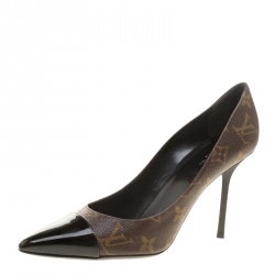 Pre Owned Louis Vuitton Brown Monogram Canvas And Leather Cap Toe Fetish Pointed Toe Pumps Size 38.5