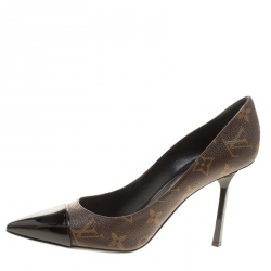 Pre Owned Louis Vuitton Brown Monogram Canvas And Leather Cap Toe Fetish Pointed Toe Pumps Size 38.5