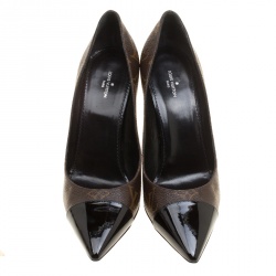 Pre Owned Louis Vuitton Brown Monogram Canvas And Leather Cap Toe Fetish Pointed Toe Pumps Size 38.5