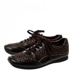 Louis Vuitton Brown Monogram Fabric and Embossed Python Leather Trim Low Top Sneakers Size 40 