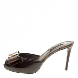 Pre Owned Louis Vuitton Brown Patent Leather with Damier Ebene Canvas Bow Peep Toe Platform Slides Size 38