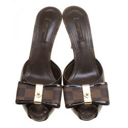 Pre Owned Louis Vuitton Brown Patent Leather with Damier Ebene Canvas Bow Peep Toe Platform Slides Size 38