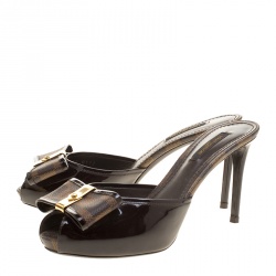 Pre Owned Louis Vuitton Brown Patent Leather with Damier Ebene Canvas Bow Peep Toe Platform Slides Size 38