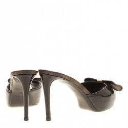 Pre Owned Louis Vuitton Brown Patent Leather with Damier Ebene Canvas Bow Peep Toe Platform Slides Size 38