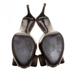 Pre Owned Louis Vuitton Brown Patent Leather with Damier Ebene Canvas Bow Peep Toe Platform Slides Size 38