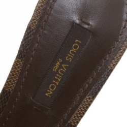 Pre Owned Louis Vuitton Brown Patent Leather with Damier Ebene Canvas Bow Peep Toe Platform Slides Size 38