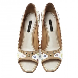 Pre Owned Louis Vuitton White Multicolor Monogram Canvas and Leather Studded Peep Toe Pumps Size 37.5