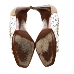 Pre Owned Louis Vuitton White Multicolor Monogram Canvas and Leather Studded Peep Toe Pumps Size 37.5