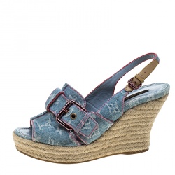 Pre Owned Louis Vuitton Bleached Monogram Denim Espadrille Wedge Slingback Sandals Size 38.5