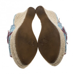 Pre Owned Louis Vuitton Bleached Monogram Denim Espadrille Wedge Slingback Sandals Size 38.5