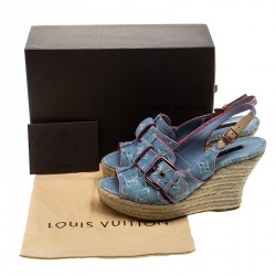 Louis Vuitton Bleached Monogram Denim Espadrille Wedge Slingback Sandals Size 38.5