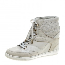 Pre Owned حذاء رياضي لوي فيتون عنق مرتفع جلد وسويدي مونوغرامي بيج فاتح مقاس 37