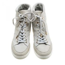 Pre Owned حذاء رياضي لوي فيتون عنق مرتفع جلد وسويدي مونوغرامي بيج فاتح مقاس 37