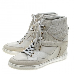 Pre Owned حذاء رياضي لوي فيتون عنق مرتفع جلد وسويدي مونوغرامي بيج فاتح مقاس 37