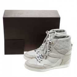 Pre Owned حذاء رياضي لوي فيتون عنق مرتفع جلد وسويدي مونوغرامي بيج فاتح مقاس 37