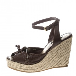 Pre Owned Louis Vuitton Brown Leather Ankle Strap Espadrilles Wedges Sandals Size 38.5