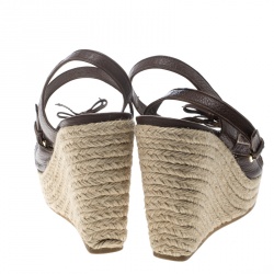 Pre Owned Louis Vuitton Brown Leather Ankle Strap Espadrilles Wedges Sandals Size 38.5