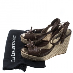 Pre Owned Louis Vuitton Brown Leather Ankle Strap Espadrilles Wedges Sandals Size 38.5