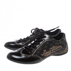 Pre Owned Louis Vuitton Brown Monogram Denim and Leather Sneakers Size 36.5