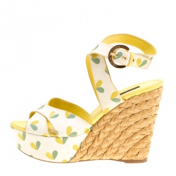 Pre Owned Louis Vuitton Printed Fabric Tuileries Raffia Wedge Cross Strap Sandals Size 40