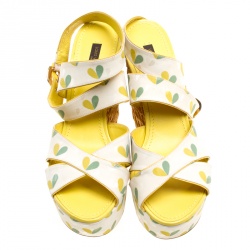 Pre Owned Louis Vuitton Printed Fabric Tuileries Raffia Wedge Cross Strap Sandals Size 40