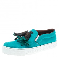 Pre Owned حذاء رياضي لوي فيتون ديستينيشن دينم وكانفاس مونوغرمي تركواز سليب أون مقاس 39.5