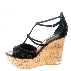 Pre Owned Louis Vuitton Black Monogram Denim Blue Oasis Wedge Sandals Size 41