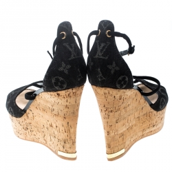 Pre Owned Louis Vuitton Black Monogram Denim Blue Oasis Wedge Sandals Size 41